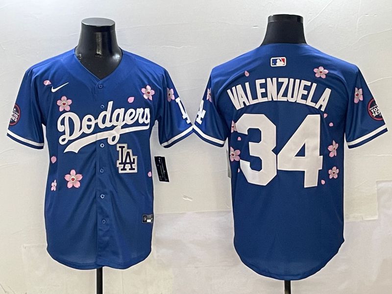 Men Los Angeles Dodgers 34 Valenzuela Blue Sakura Edition 2025 Nike MLB Jersey style 9